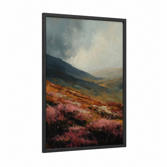 Crimson Alpine Meadow framed flower field print — black wood frame — rose gold and gray and white palette
