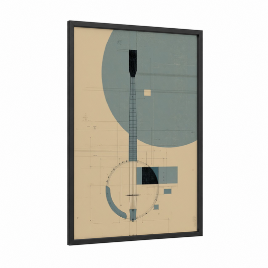Geometric Banjo framed art print — black wood frame — dove gray and cream palette