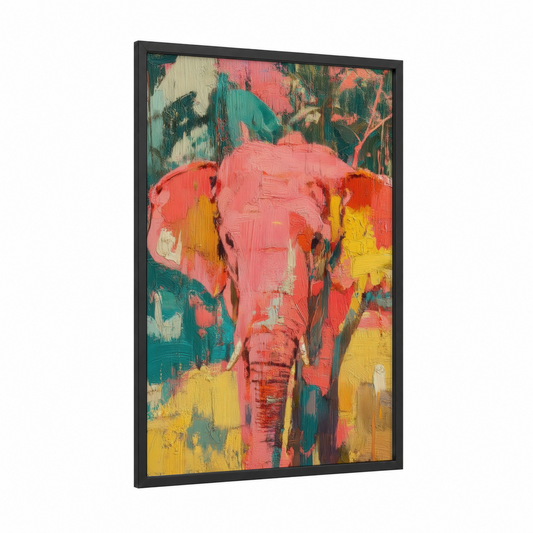 Coral Elephant Portrait framed asian elephant print — black wood frame — magenta and yellow gold palette