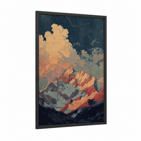Golden Himalayas framed art print — black wood frame — gold and dark blue palette