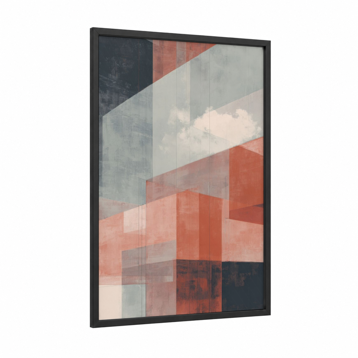 Geometric Skyline framed abstract geometric print — black wood frame — salmon pink and dove gray palette