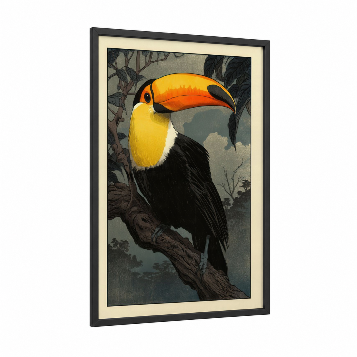 Golden Toucan framed art print — black wood frame — gold and black and white palette