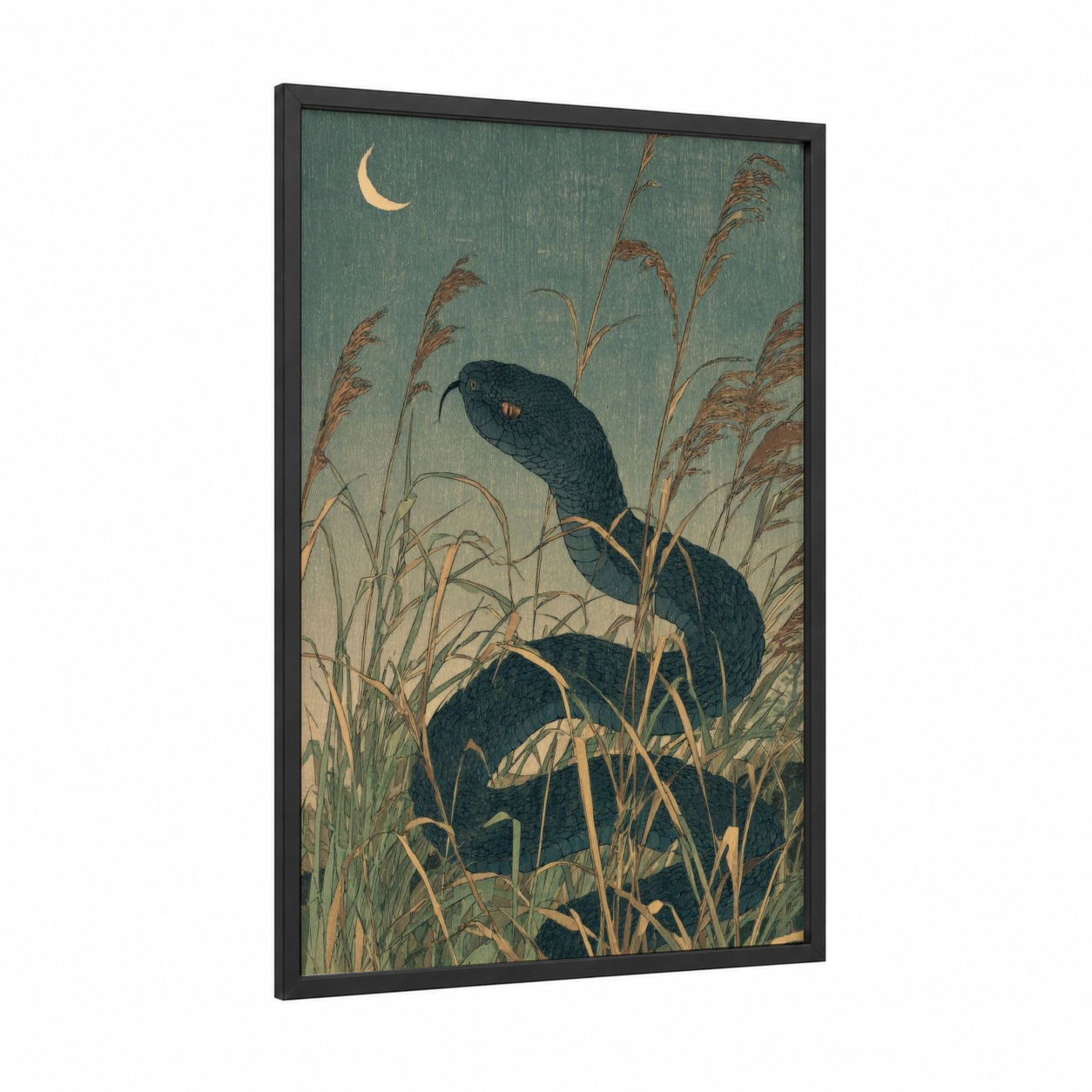 Moonlit Rattlesnake framed art print — black wood frame — dark green and gold and white palette