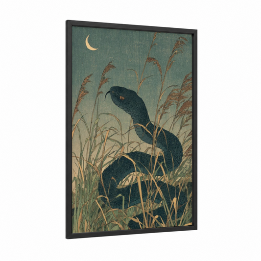 Moonlit Rattlesnake framed art print — black wood frame — dark green and gold and white palette