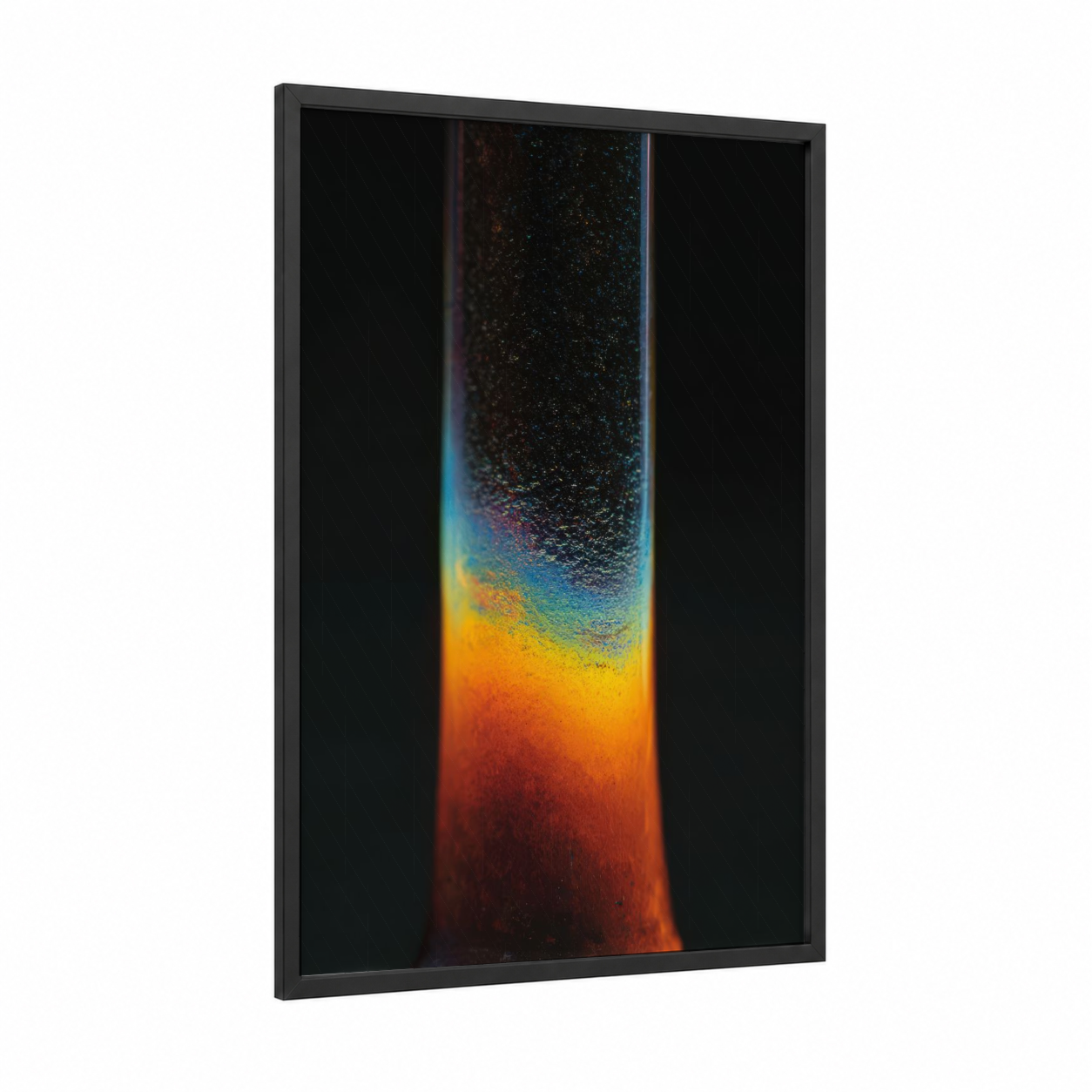 Molten Gradient Glow framed glassworking print — black wood frame — orange and blue palette