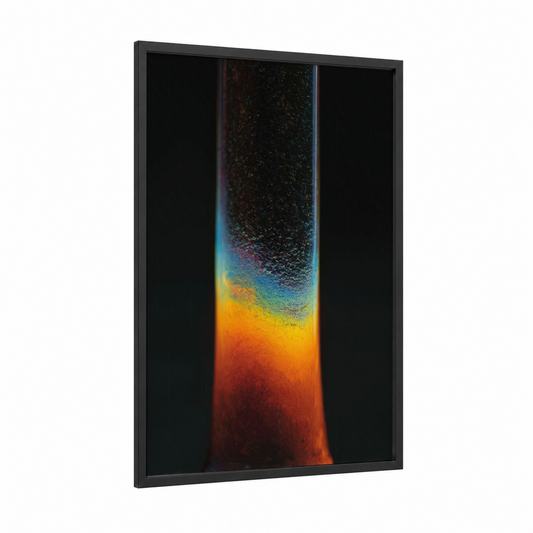 Molten Gradient Glow framed glassworking print — black wood frame — orange and blue palette