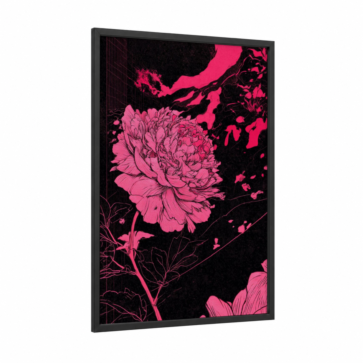 Neon Peony framed abstract flower print — black wood frame — magenta and black palette