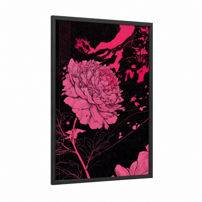 Neon Peony framed abstract flower print — black wood frame — magenta and black palette