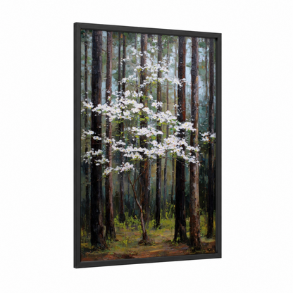Forest Blossoms framed cherry blossoms print — black wood frame — white and dark green palette