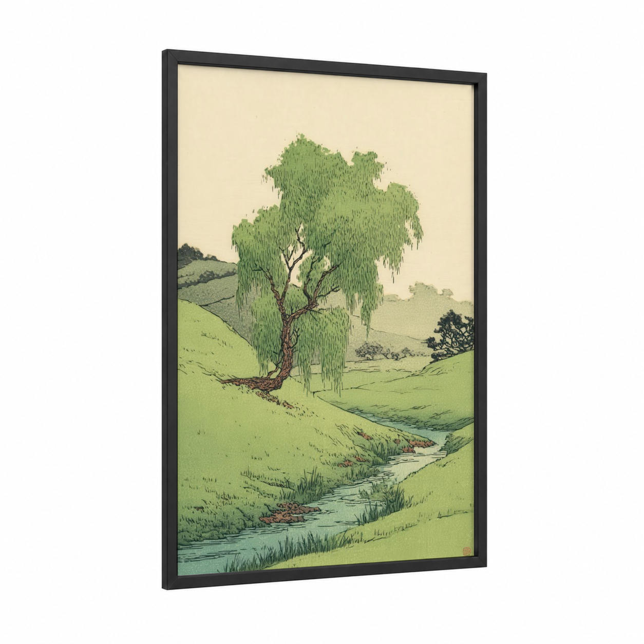 Willow Tree Pastoral framed green field print — black wood frame — light green and cream palette