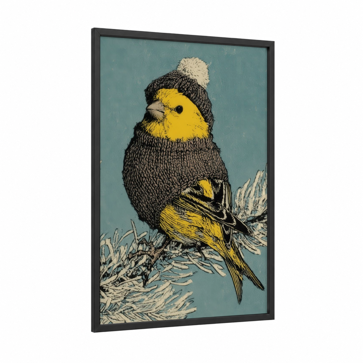 Cozy Canary framed canaries print — black wood frame — teal and yellow gold palette