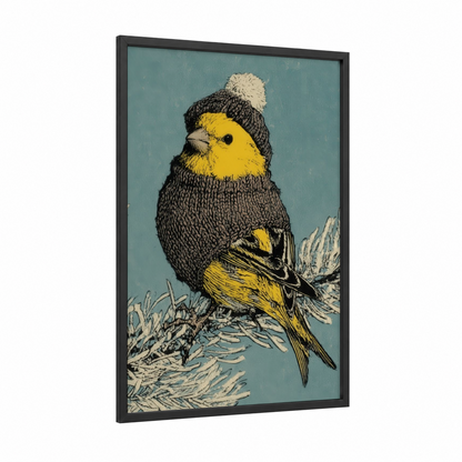 Cozy Canary framed canaries print — black wood frame — teal and yellow gold palette