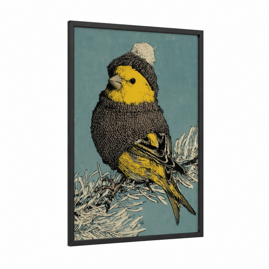 Cozy Canary framed canaries print — black wood frame — teal and yellow gold palette