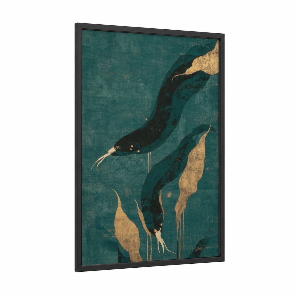 Golden Eels framed art print — black wood frame — teal and gold palette