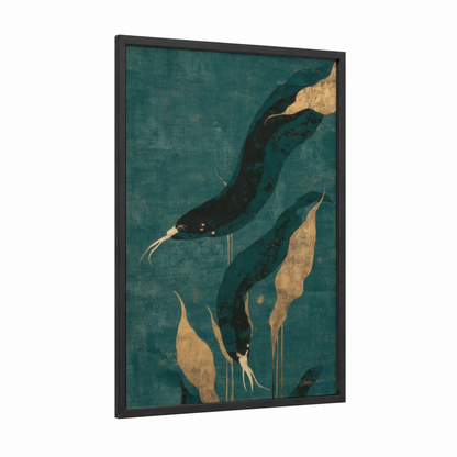 Golden Eels framed art print — black wood frame — teal and gold palette
