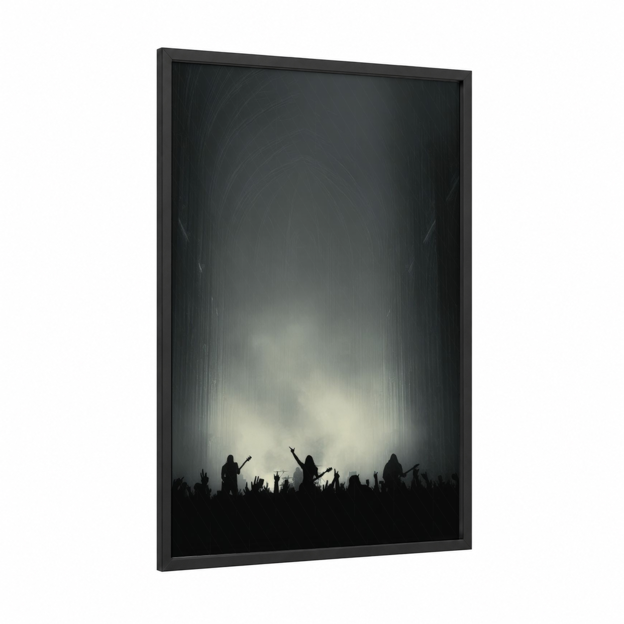 Crowd Surge framed death metal print — black wood frame — black and gray and white palette