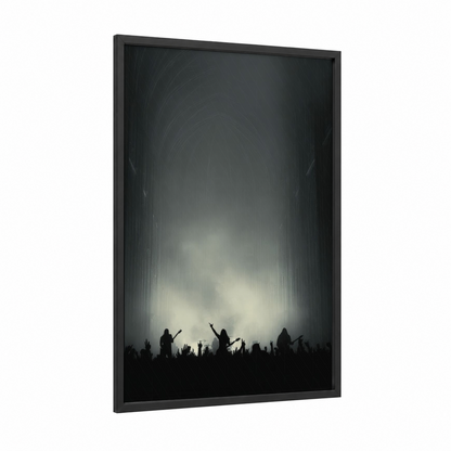 Crowd Surge framed death metal print — black wood frame — black and gray and white palette