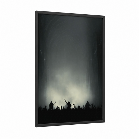 Crowd Surge framed death metal print — black wood frame — black and gray and white palette