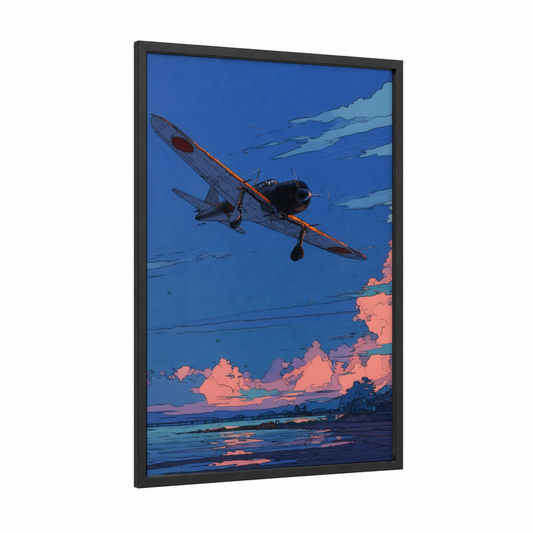 Sunset Fighter framed vintage airplane print — black wood frame — royal blue and peach palette