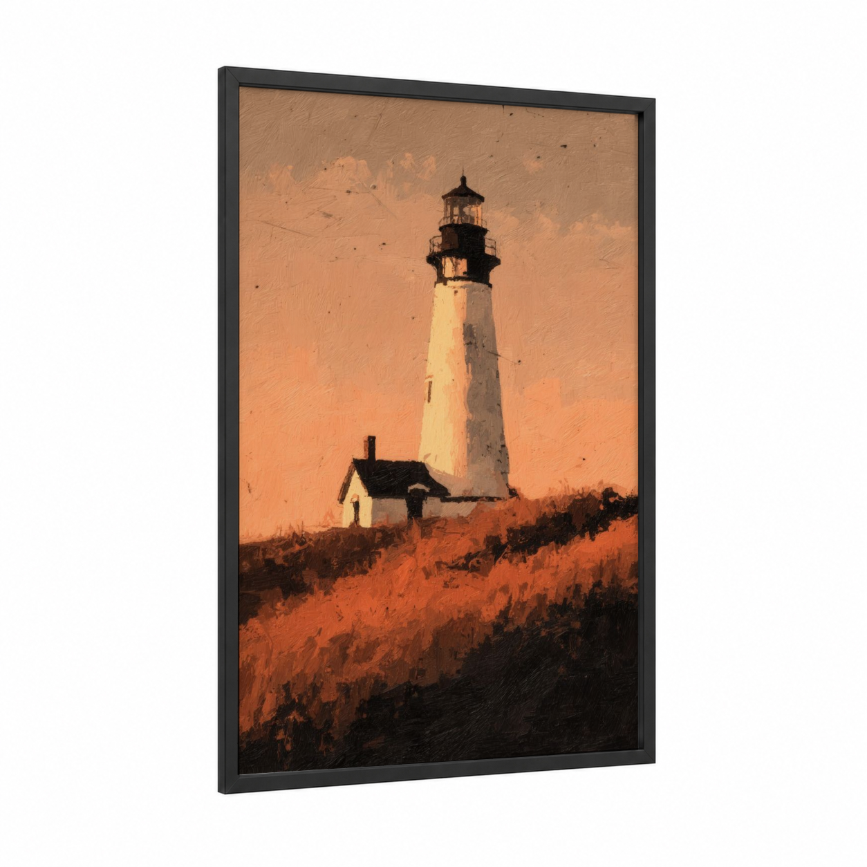 Golden Lighthouse Sunrise framed art print — black wood frame — gold and orange palette