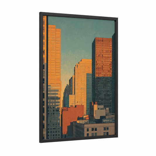 Urban Sunset framed art print — black wood frame — orange and teal palette