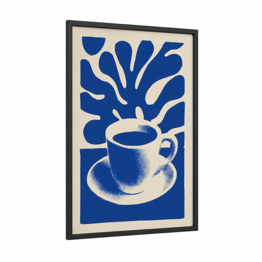 Abstract Coffee Cup framed art print — black wood frame — blue and cream palette