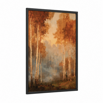 Misty Aspen Grove framed aspen forest print — black wood frame — gold and white palette