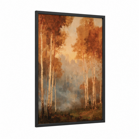 Misty Aspen Grove framed aspen forest print — black wood frame — gold and white palette