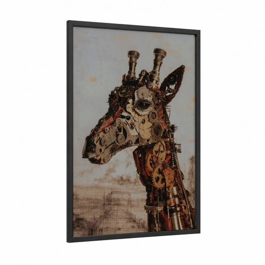 Steampunk Giraffe framed art print — black wood frame — russet and gold palette