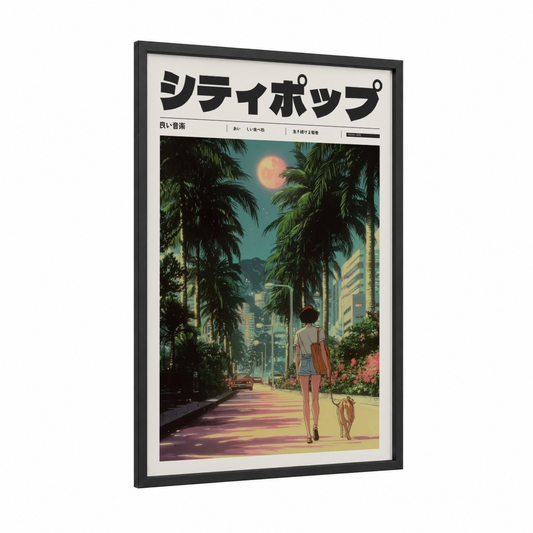 Shibuya Moonwalk framed anime and manga print — black wood frame — teal and gold palette