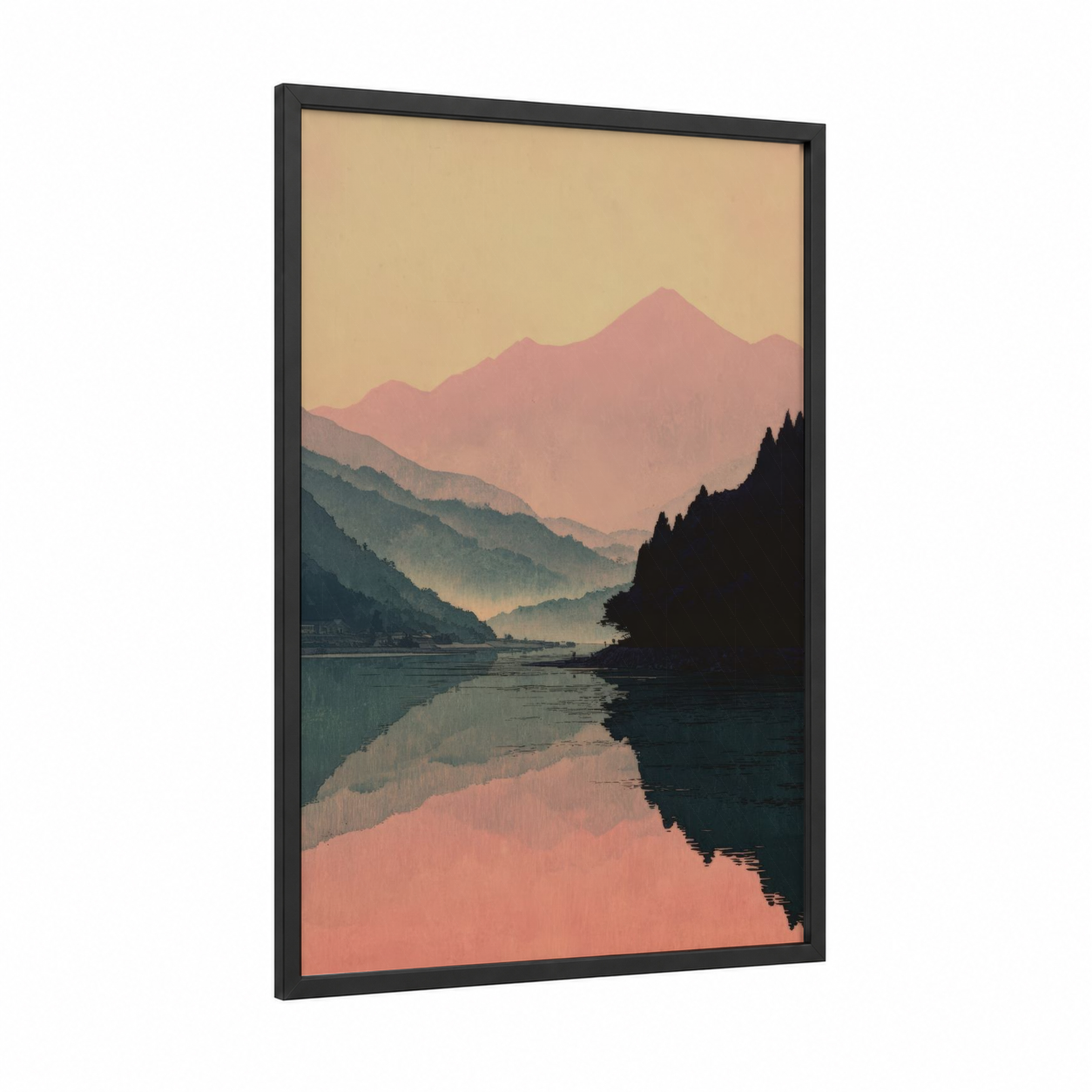 Alpine Lake Dawn framed morning sky print — black wood frame — salmon pink and dove gray palette