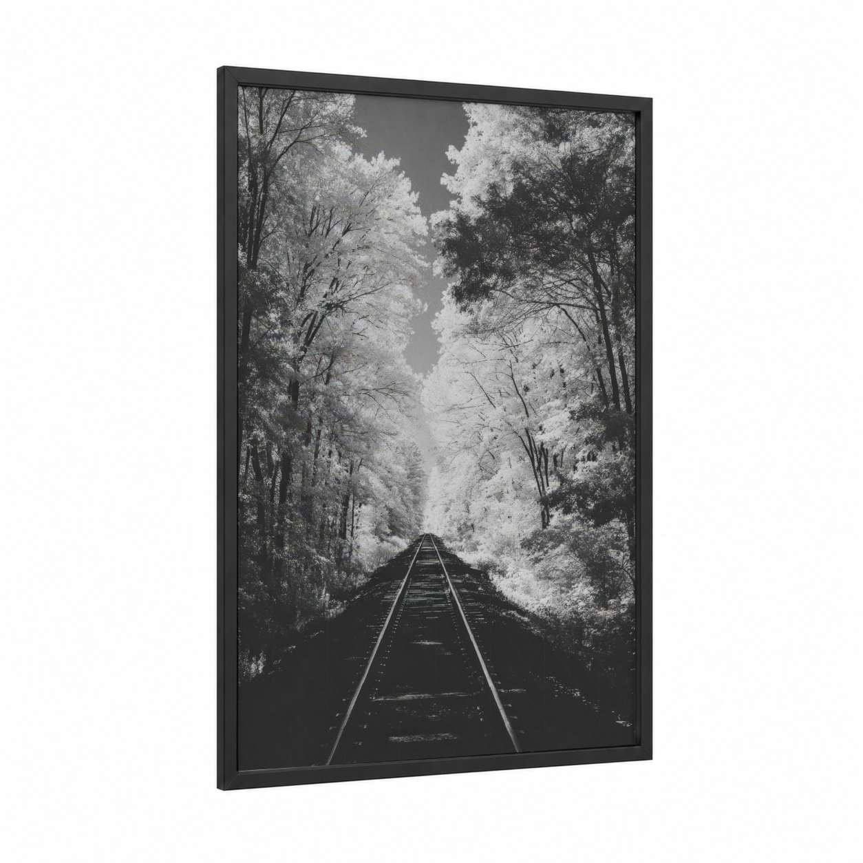 Forested Railway framed train tracks print — black wood frame — black and white and gray palette