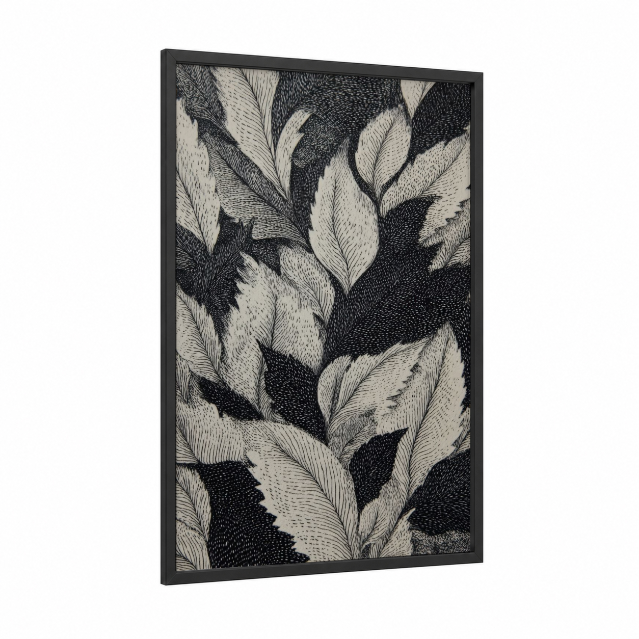 Botanical Etching framed leaf print — black wood frame — black and white palette