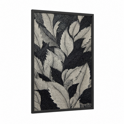 Botanical Etching framed leaf print — black wood frame — black and white palette