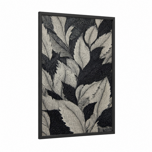 Botanical Etching framed leaf print — black wood frame — black and white palette