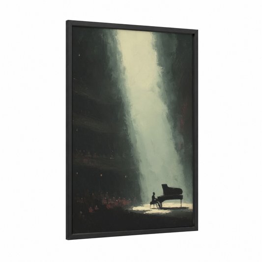 Solitary Pianist framed musician print — black wood frame — dove gray and gold palette