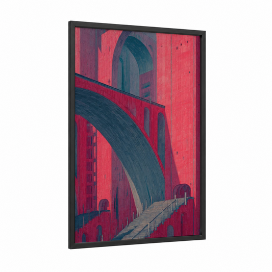 Crimson Archway Bridge framed bridges print — black wood frame — red and dark blue palette