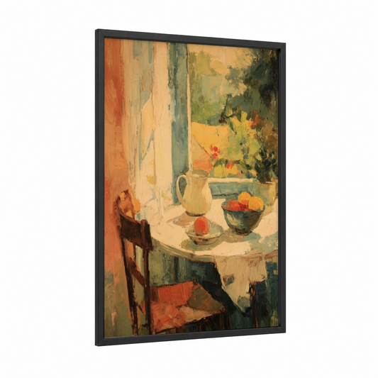Sunlit Breakfast Table framed art print — black wood frame — gold and orange palette