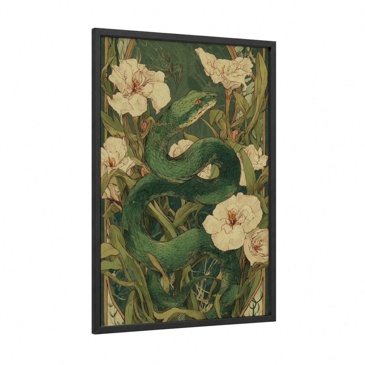 Emerald Garden Python framed art print — black wood frame — dark green and cream palette