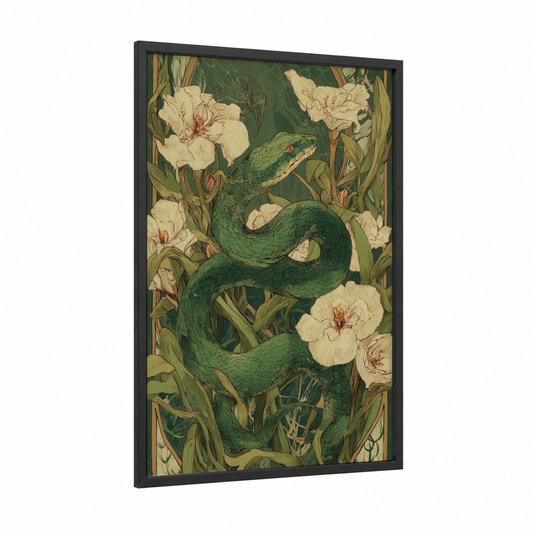 Emerald Garden Python framed art print — black wood frame — dark green and cream palette