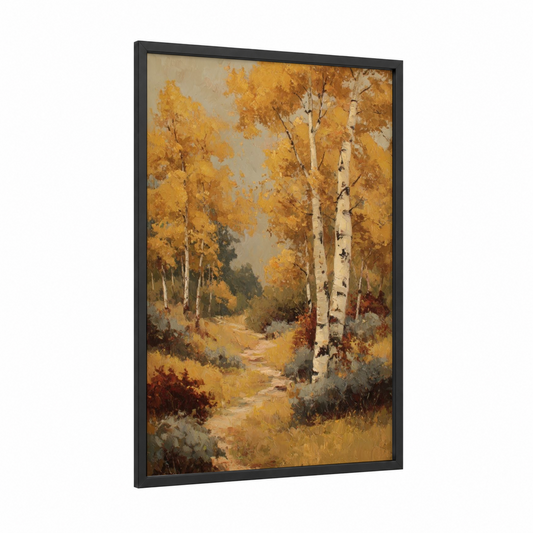 Golden Aspen Trail framed aspen forest print — black wood frame — yellow gold and cream palette