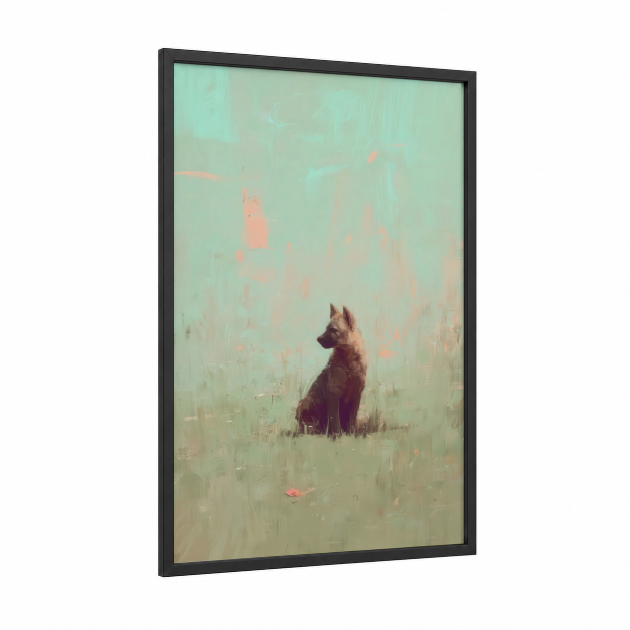 Solitary Hyena framed art print — black wood frame — light green and peach palette