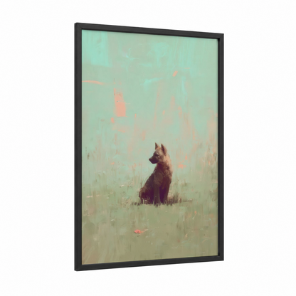 Solitary Hyena framed art print — black wood frame — light green and peach palette