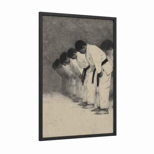 Bowing Warriors framed taekwondo print — black wood frame — black and white and gray palette