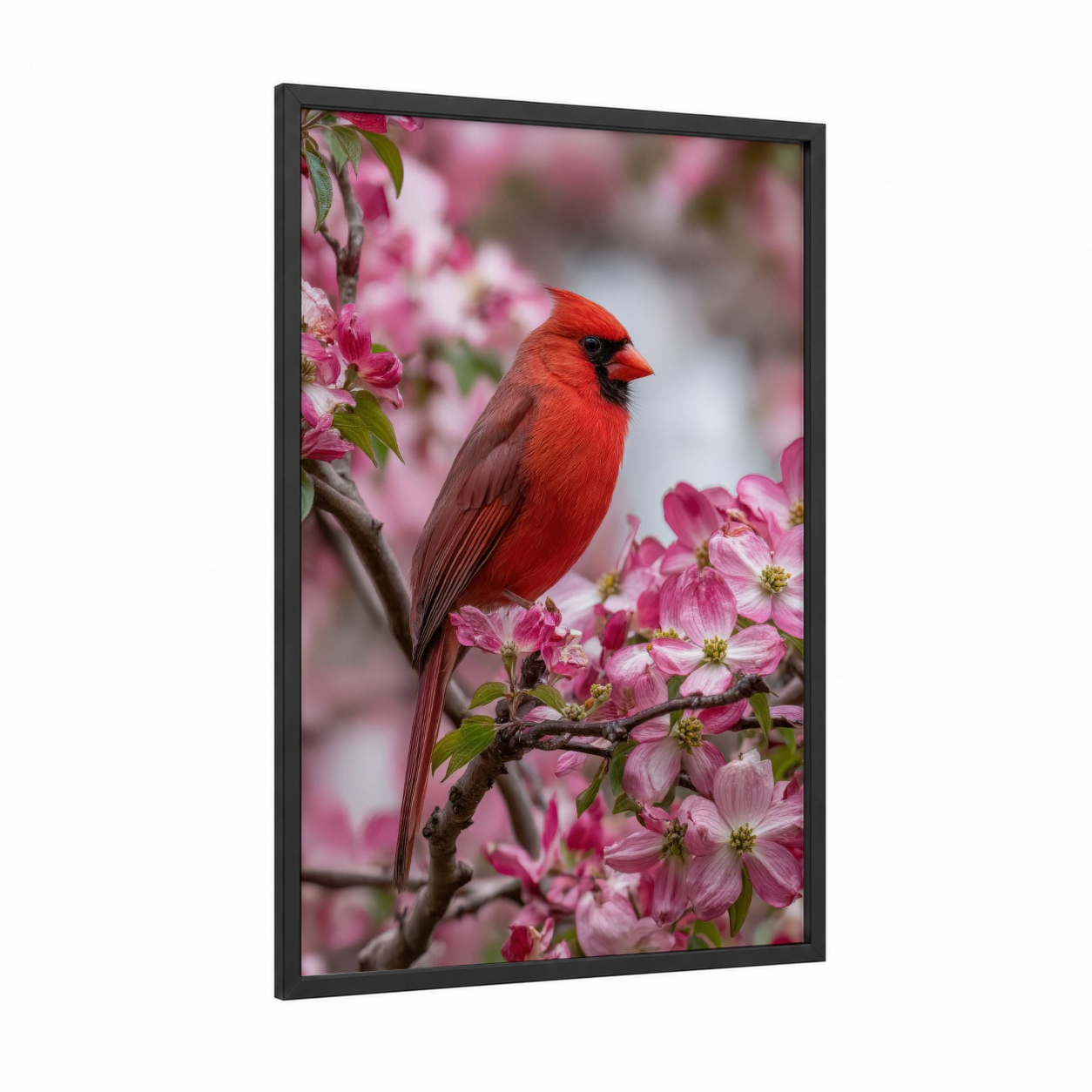 Cardinal Cherry Blossoms framed art print — black wood frame — pink and red palette