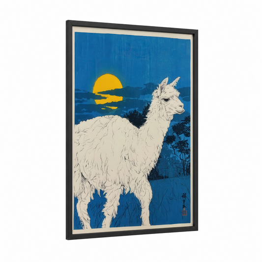 Sunset Alpaca framed art print — black wood frame — blue and yellow gold palette