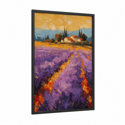 Tuscany Lavender Field framed art print — black wood frame — purple and gold palette
