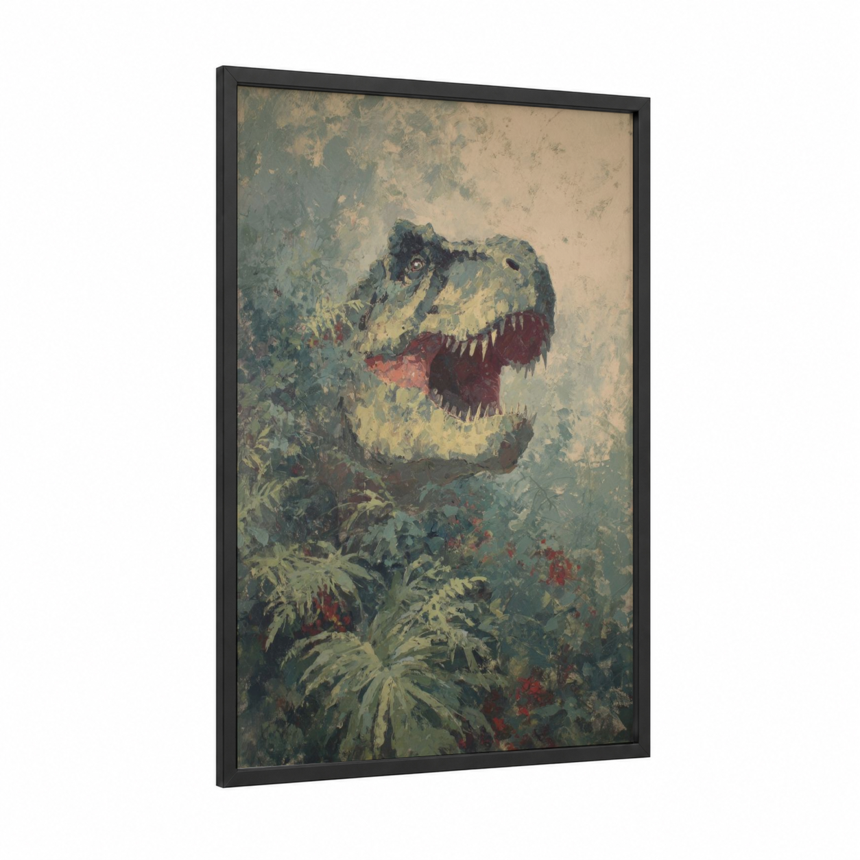 Vintage Dinosaur framed art print — black wood frame — sage green and maroon palette