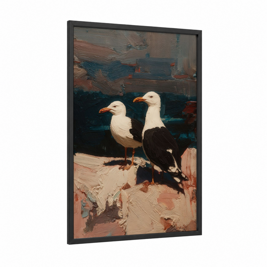 Coastal Seagull Pair framed art print — black wood frame — dark blue and russet palette