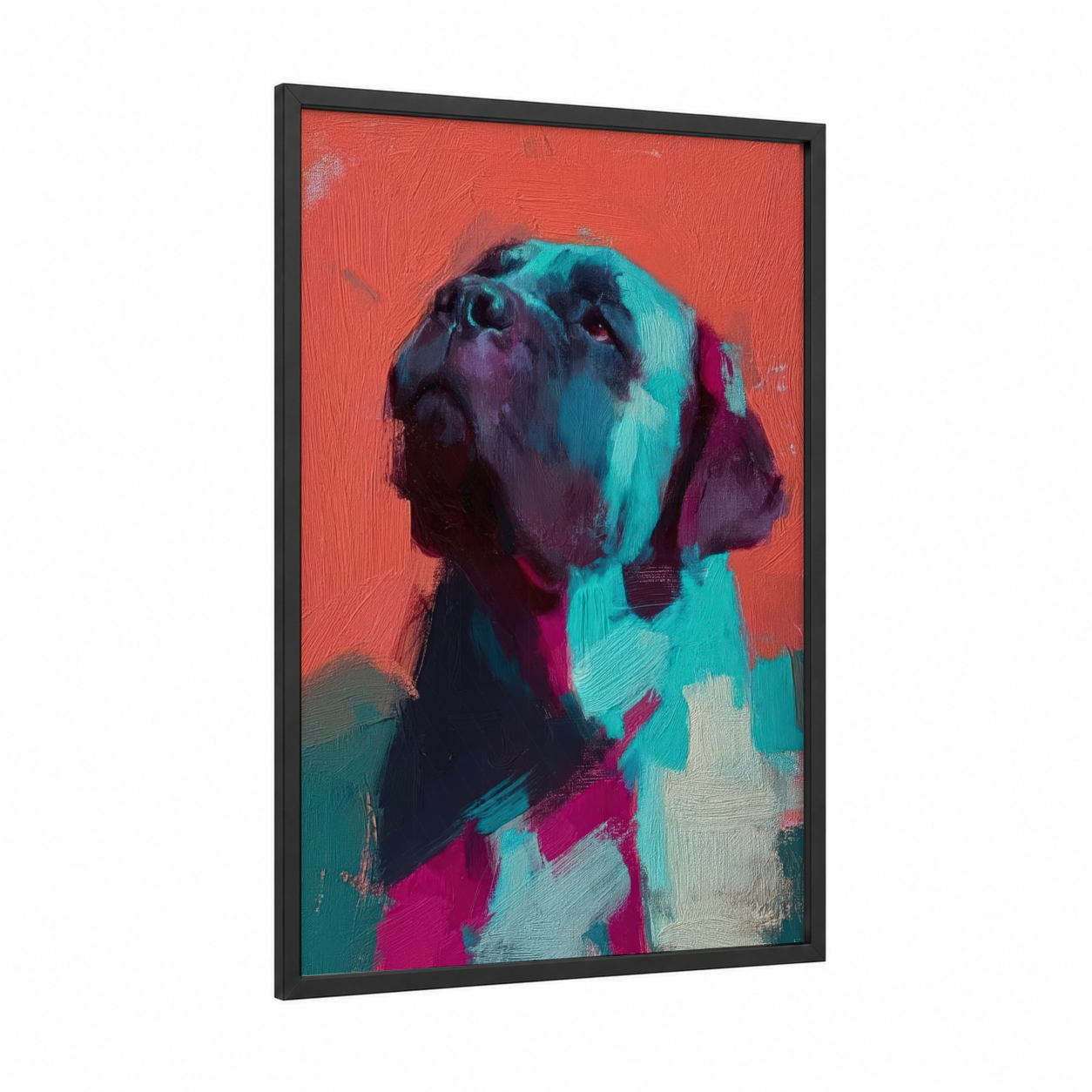 Colorful Mastiff framed art print — black wood frame — magenta and turquoise palette
